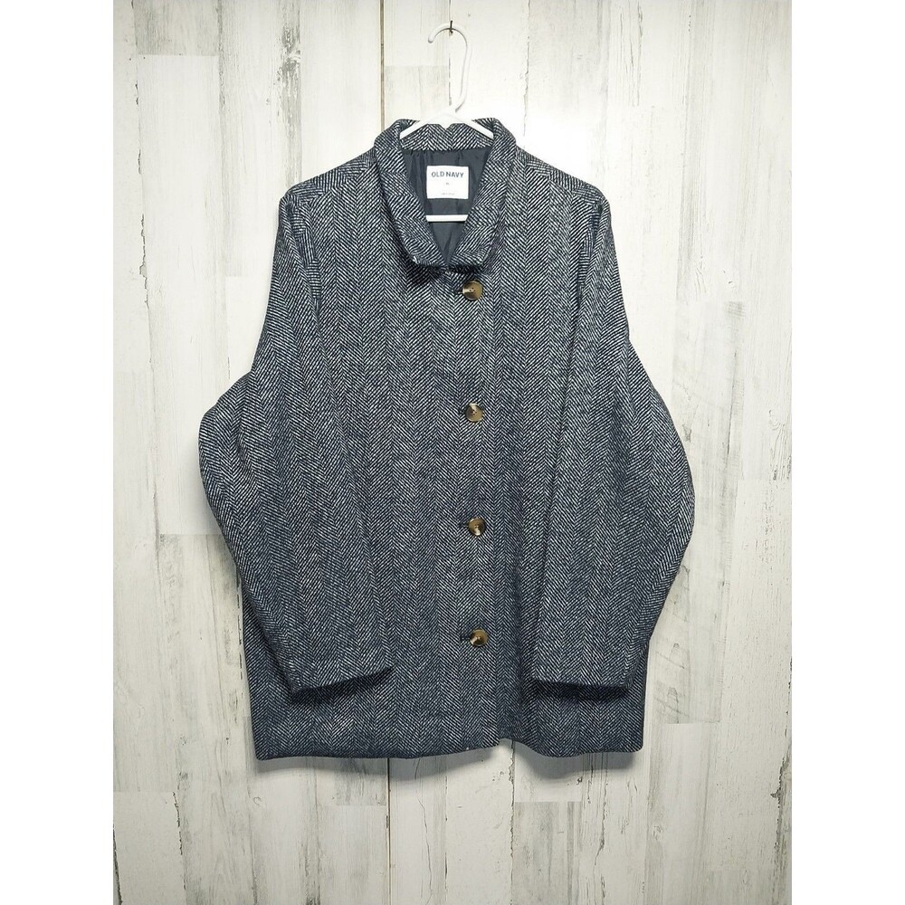 OLD NAVY Women's Jacket Coat Button Navy Herringbone Poly Wool Size XL